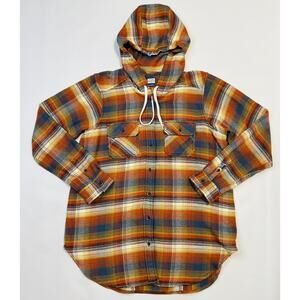 Kavu Hooded Flannel Shirt Mens Large Orange Blue Plaid 100% Cotton Outdoor Fall
